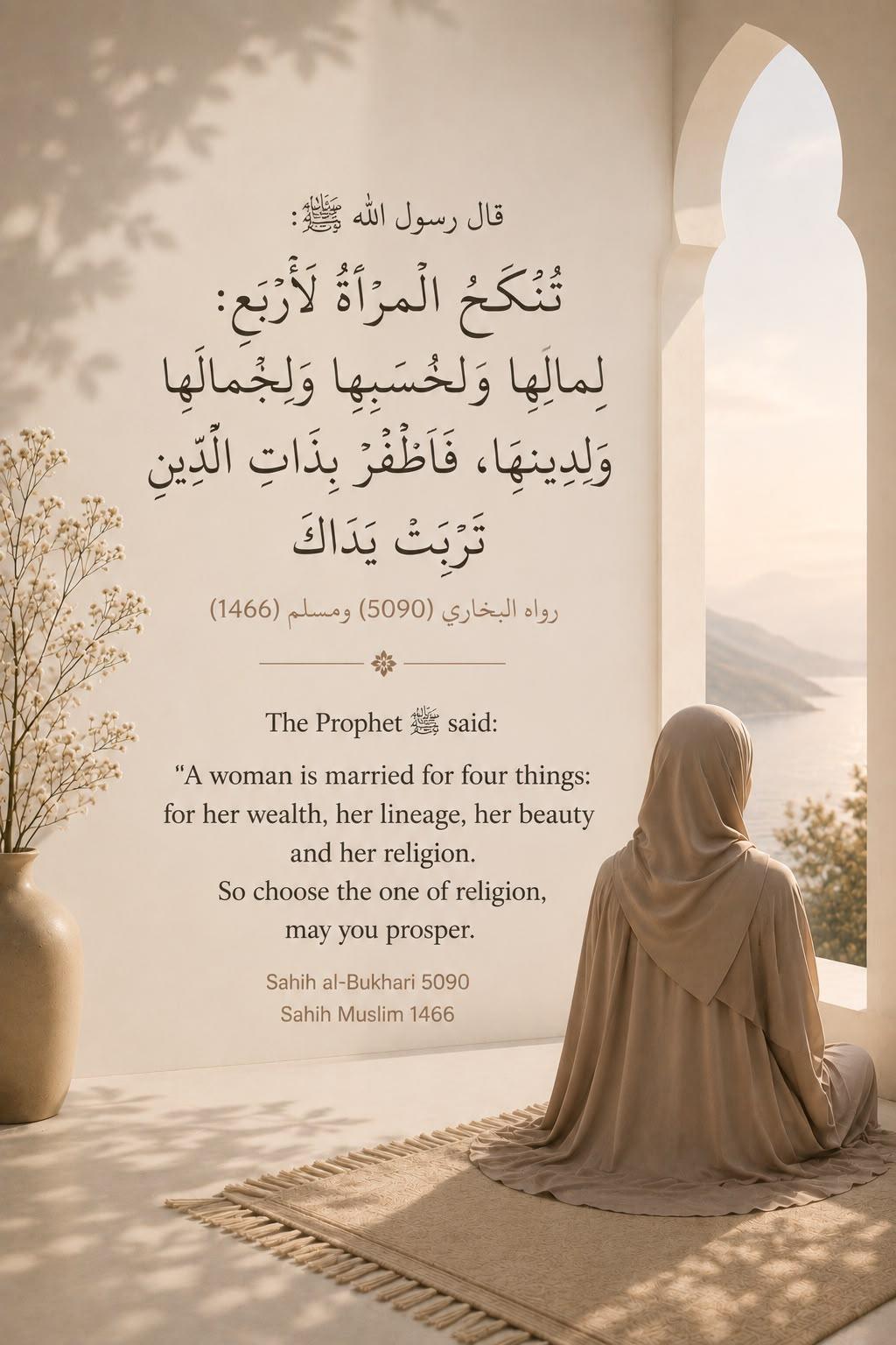 A woman sits facing a sea view through an archway — Hadith, Sahih al-Bukhari 5090 & Sahih Muslim 1466: “Choose the one of religion, may you prosper.”